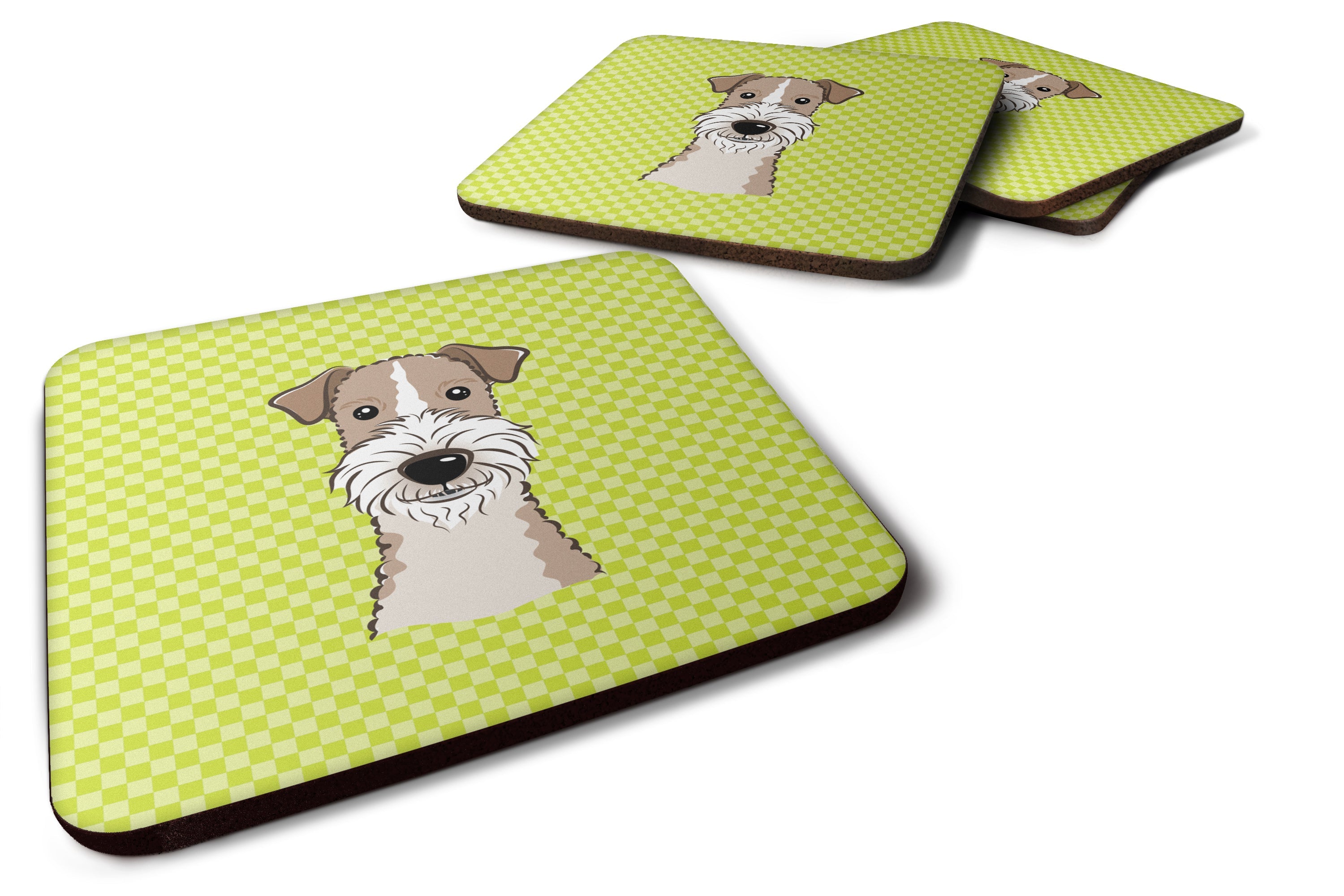 Checkerboard Lime Green Wire Haired Fox Terrier Foam Coasters Set of 4 Cup Coasters for Indoor Outdoor, Tabletop Protection, Anti Slip, Mouse pad Material