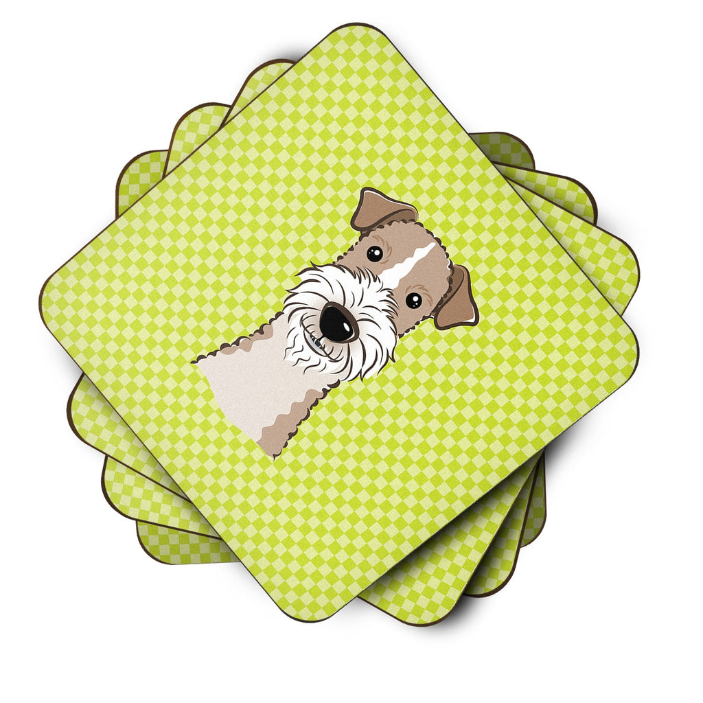 Checkerboard Lime Green Wire Haired Fox Terrier Foam Coasters Set of 4 Cup Coasters for Indoor Outdoor, Tabletop Protection, Anti Slip, Mouse pad Material