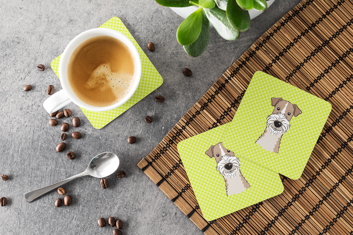Checkerboard Lime Green Wire Haired Fox Terrier Foam Coasters Set of 4 Cup Coasters for Indoor Outdoor, Tabletop Protection, Anti Slip, Mouse pad Material