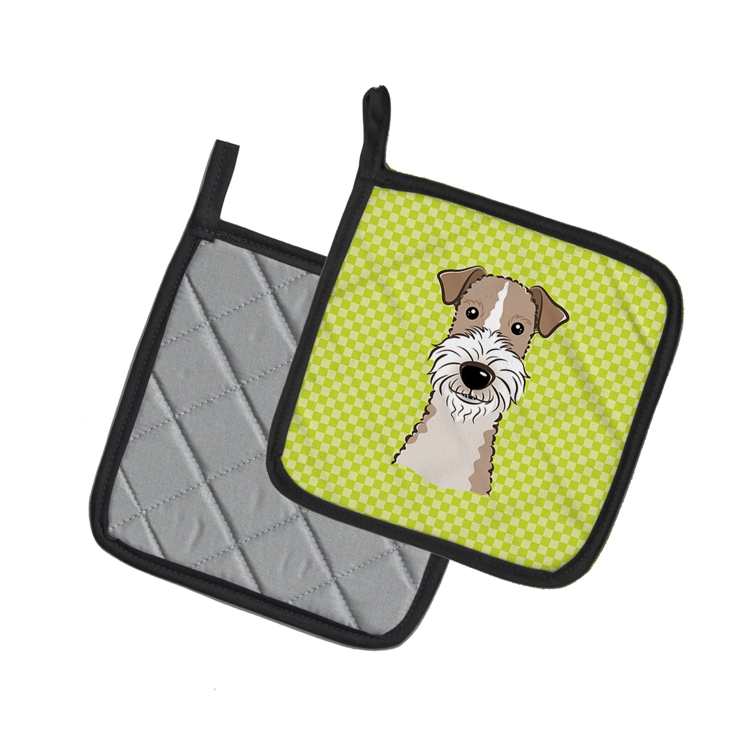 Checkerboard Lime Green Wire Haired Fox Terrier Pot Holder Set of 2 Heat Resistant Quilted Hot Pads 7.5 x 7.5 Inch, Insulated Kitchen Trivets for Cooking & Baking