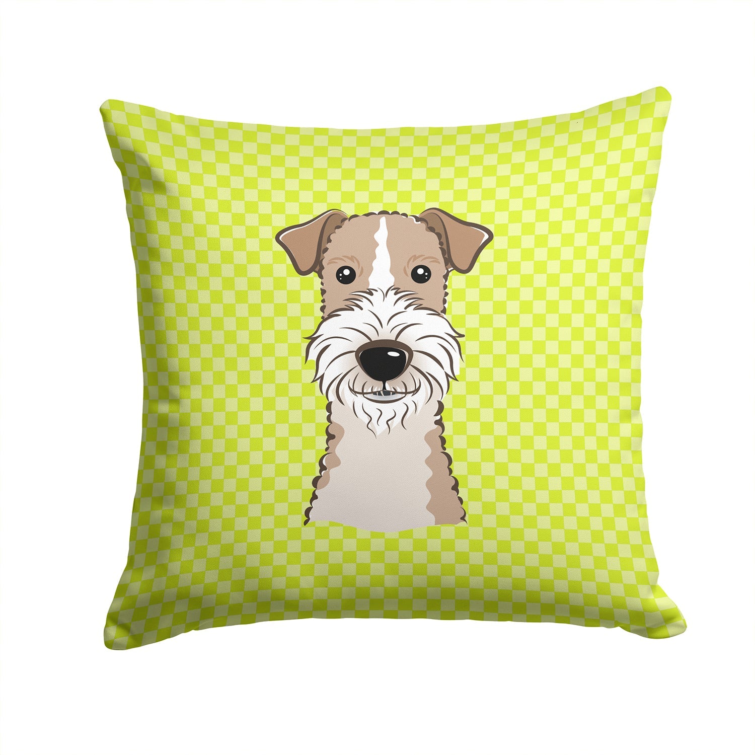 Checkerboard Lime Green Wire Haired Fox Terrier Decorative Throw Pillow 14x14 Indoor Outdoor Accent Cushion, Fabric Cover with Insert for Sofa, Bed, Porch & Living Room