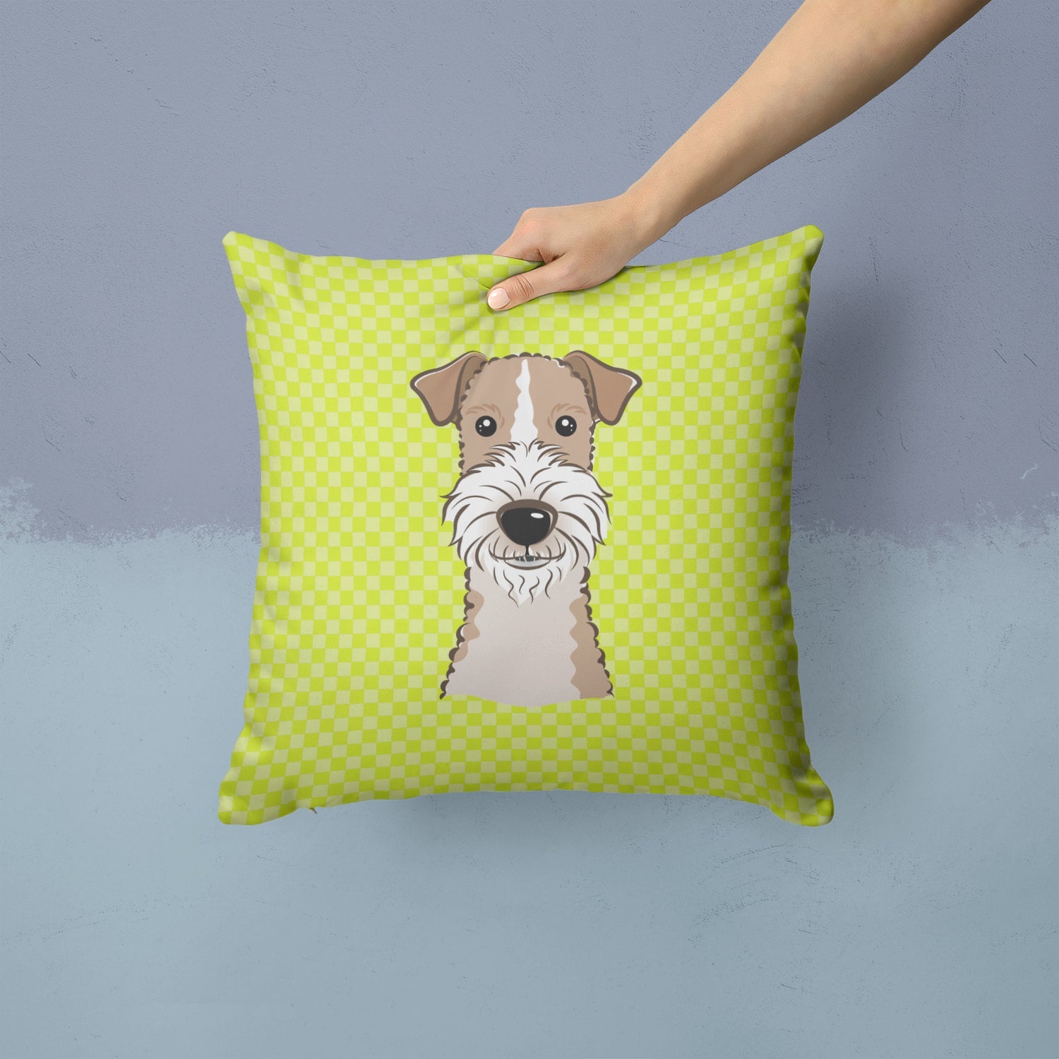 Checkerboard Lime Green Wire Haired Fox Terrier Decorative Throw Pillow 14x14 Indoor Outdoor Accent Cushion, Fabric Cover with Insert for Sofa, Bed, Porch & Living Room