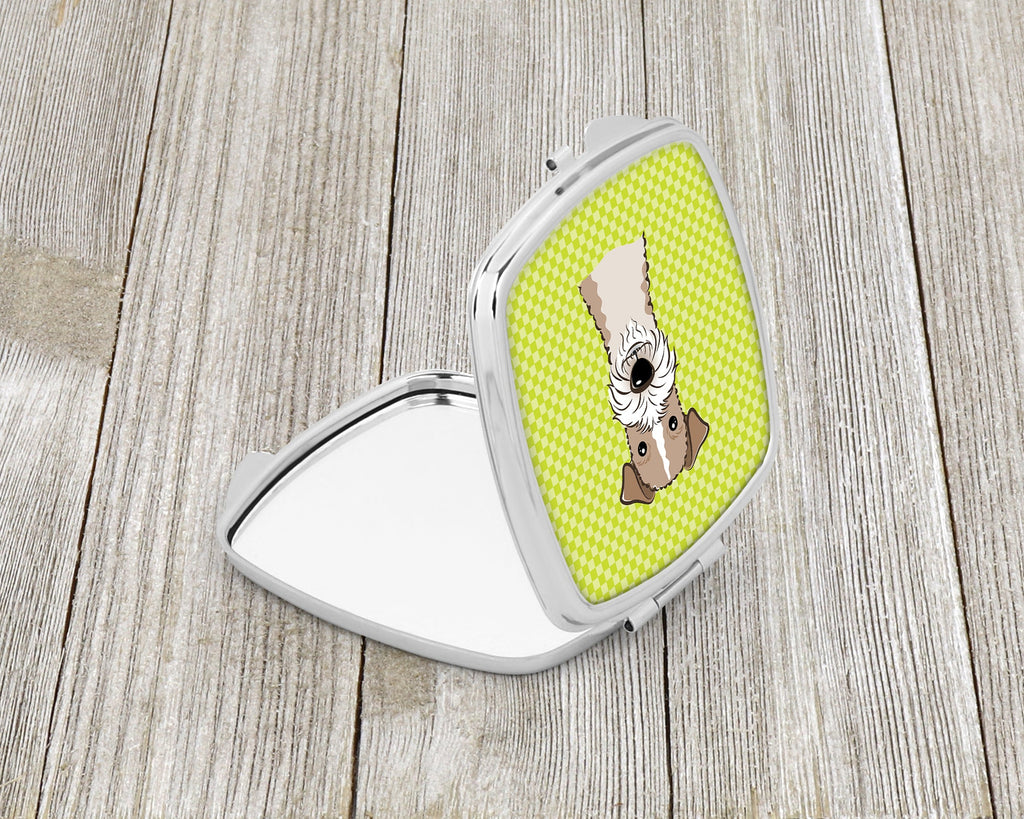 Checkerboard Lime Green Wire Haired Fox Terrier Compact Mirror Decorative Travel Makeup Mirror for Women Girls Gifts Pocket Makeup Mirror Folding Handheld