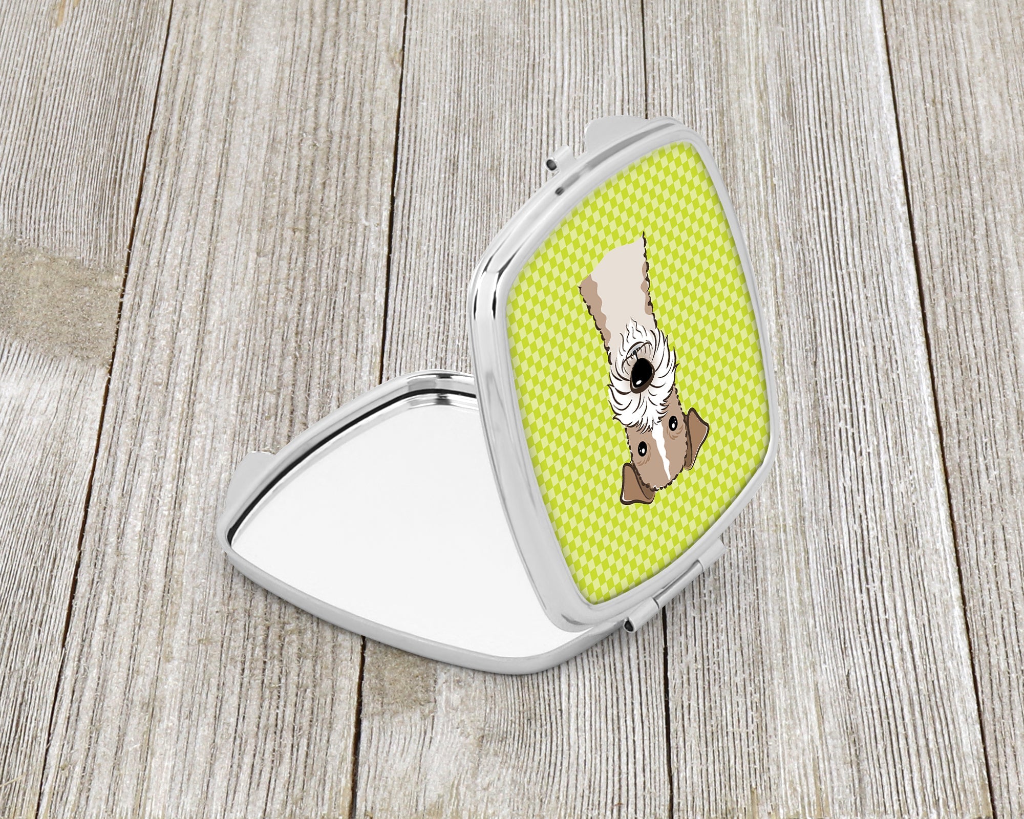 Checkerboard Lime Green Wire Haired Fox Terrier Compact Mirror Decorative Travel Makeup Mirror for Women Girls Gifts Pocket Makeup Mirror Folding Handheld
