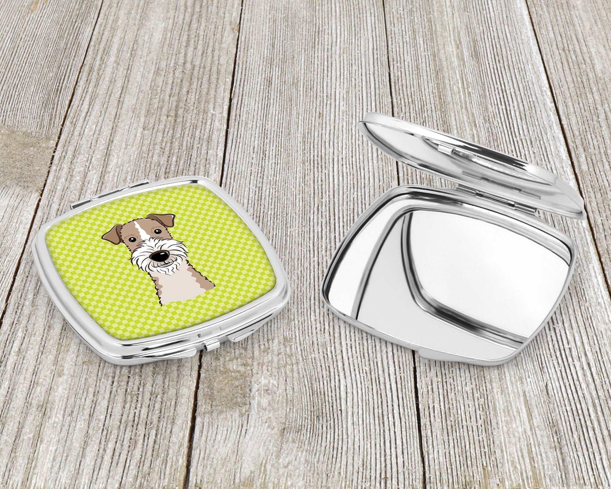 Checkerboard Lime Green Wire Haired Fox Terrier Compact Mirror Decorative Travel Makeup Mirror for Women Girls Gifts Pocket Makeup Mirror Folding Handheld