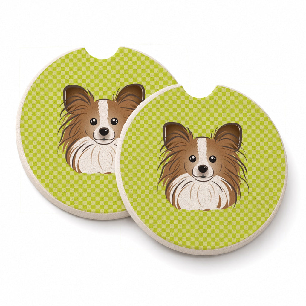 Checkerboard Lime Green Papillon Set of 2 Cup Holder Car Coasters Absorbent Round Sandstone Coasters Gifts for Men or Women, 2.5, Multicolor