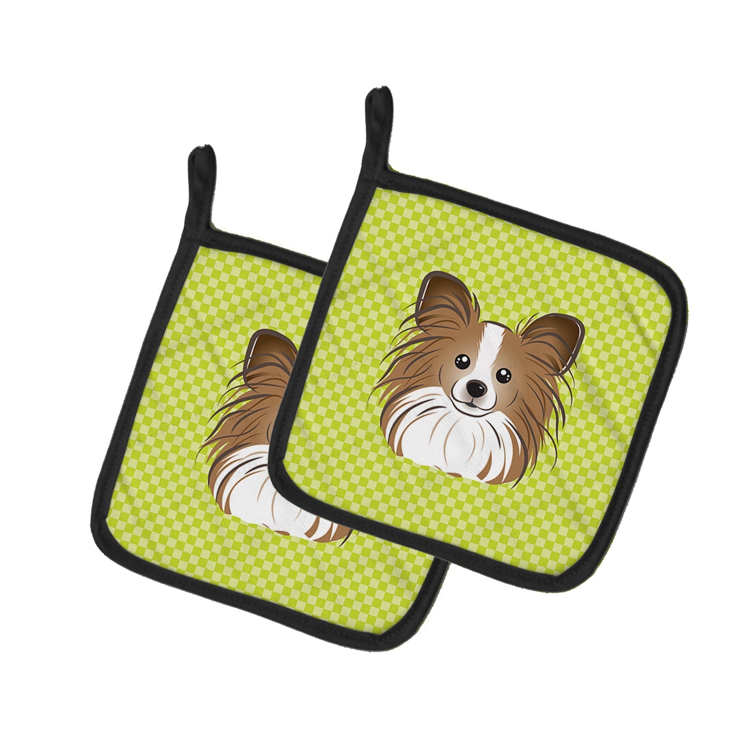 Checkerboard Lime Green Papillon Pot Holder Set of 2 Heat Resistant Quilted Hot Pads 7.5 x 7.5 Inch, Insulated Kitchen Trivets for Cooking & Baking