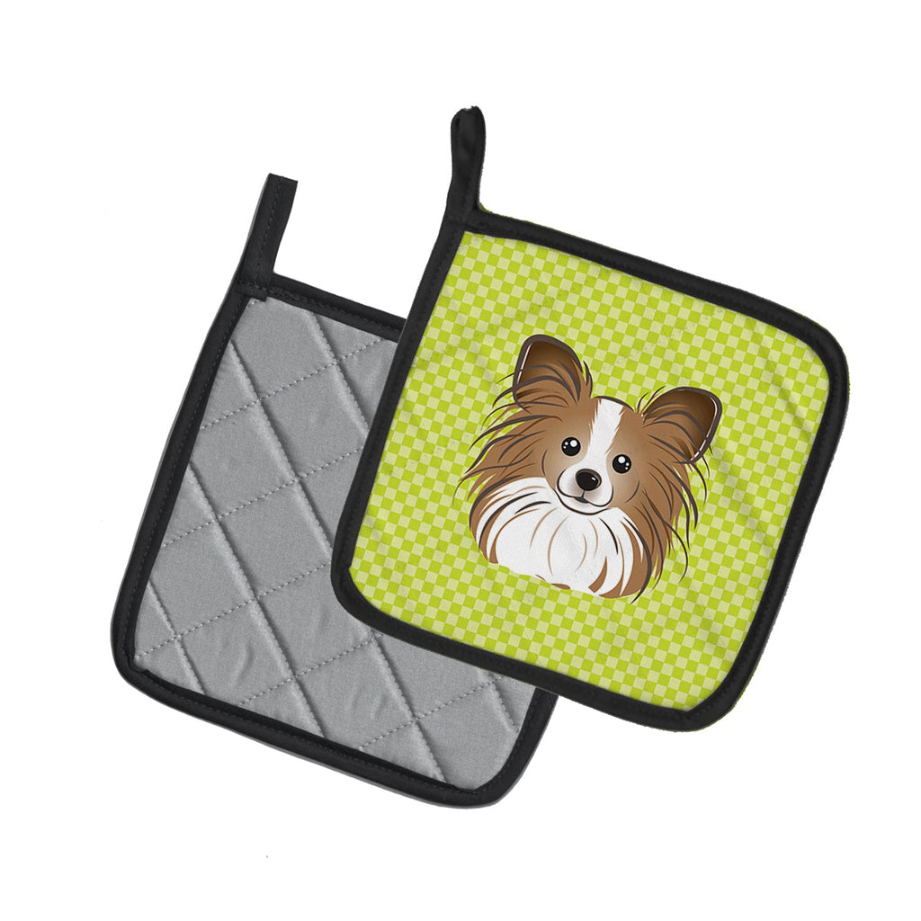Checkerboard Lime Green Papillon Pot Holder Set of 2 Heat Resistant Quilted Hot Pads 7.5 x 7.5 Inch, Insulated Kitchen Trivets for Cooking & Baking