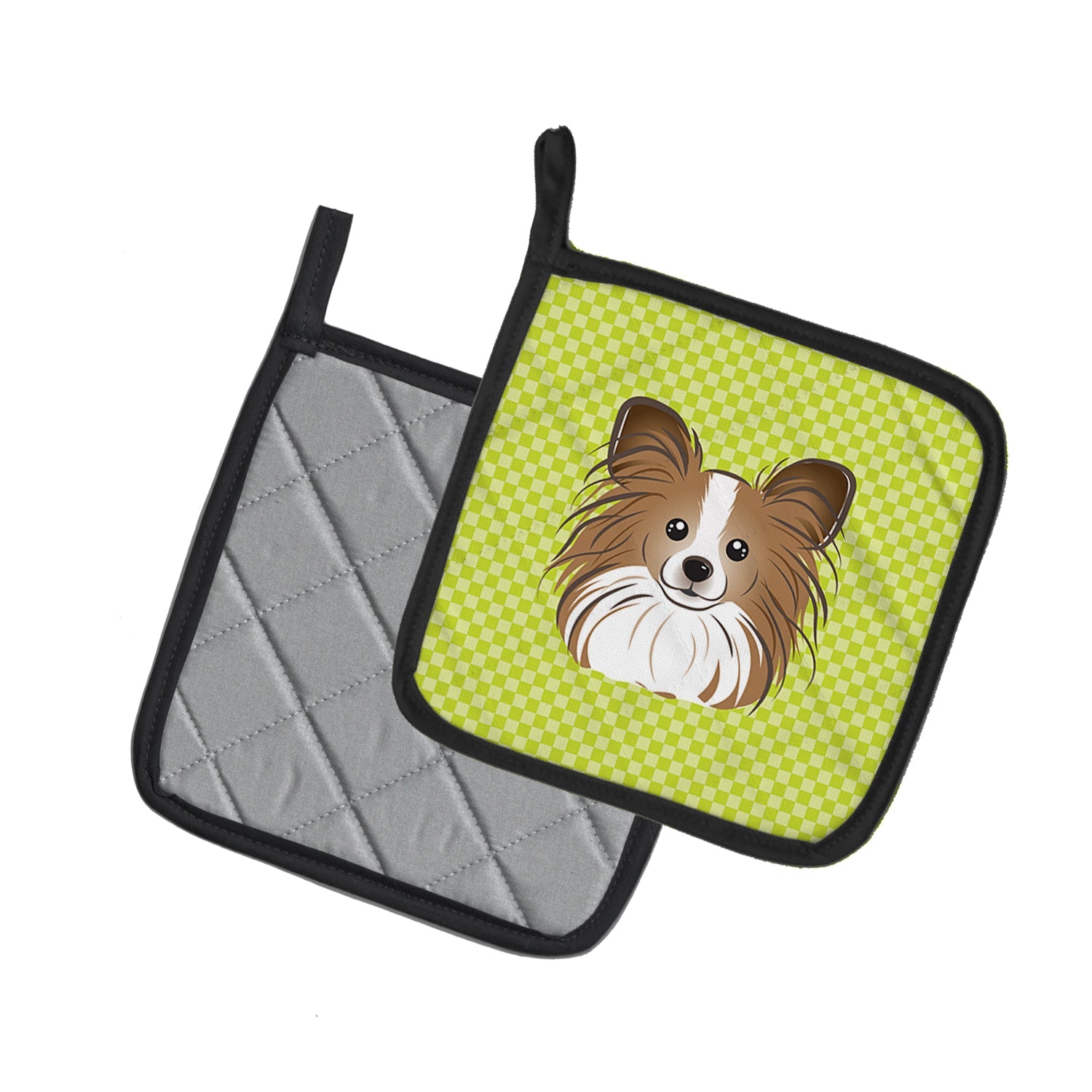 Checkerboard Lime Green Papillon Pot Holder Set of 2 Heat Resistant Quilted Hot Pads 7.5 x 7.5 Inch, Insulated Kitchen Trivets for Cooking & Baking
