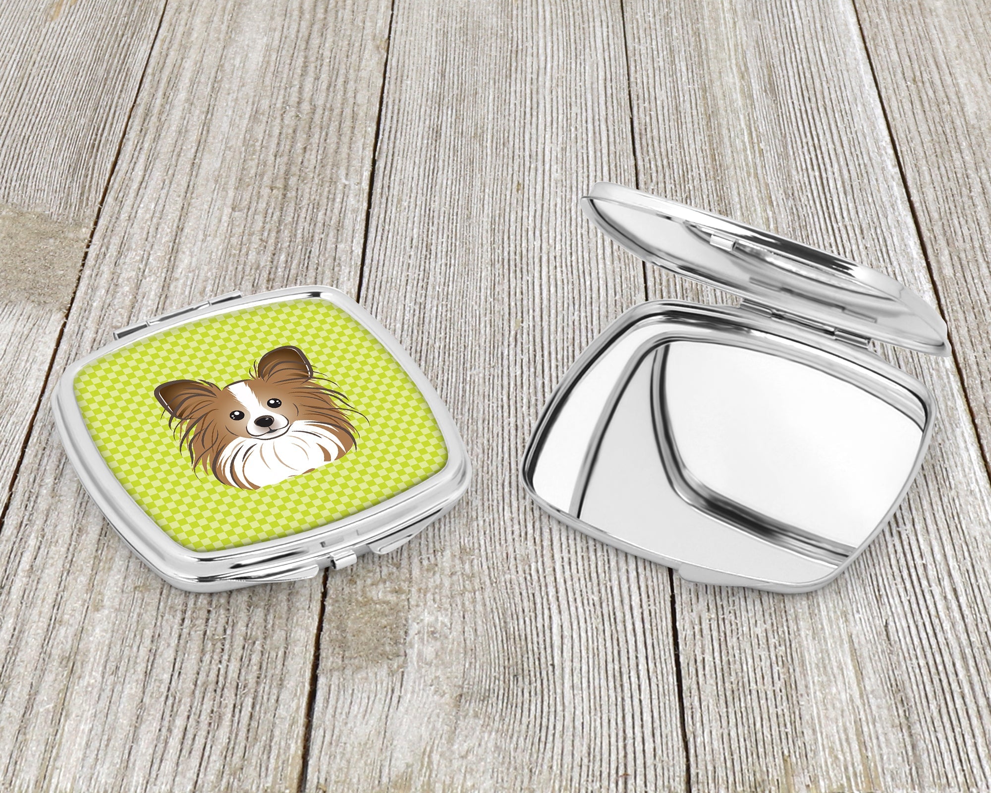Checkerboard Lime Green Papillon Compact Mirror Decorative Travel Makeup Mirror for Women Girls Gifts Pocket Makeup Mirror Folding Handheld