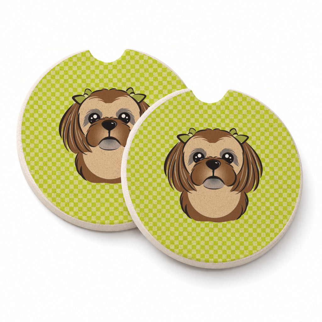 Checkerboard Lime Green Chocolate Brown Shih Tzu Set of 2 Cup Holder Car Coasters Absorbent Round Sandstone Coasters Gifts for Men or Women, 2.5, Multicolor
