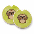 Checkerboard Lime Green Chocolate Brown Shih Tzu Set of 2 Cup Holder Car Coasters Absorbent Round Sandstone Coasters Gifts for Men or Women, 2.5, Multicolor