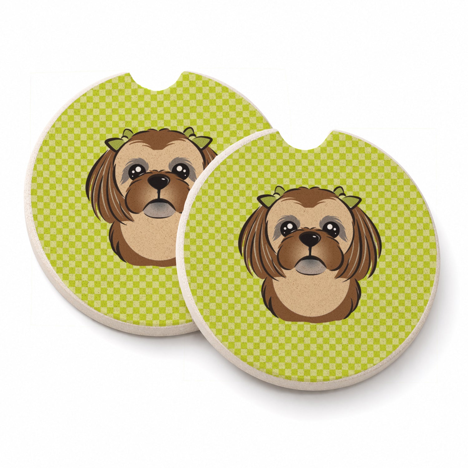 Checkerboard Lime Green Chocolate Brown Shih Tzu Set of 2 Cup Holder Car Coasters Absorbent Round Sandstone Coasters Gifts for Men or Women, 2.5, Multicolor