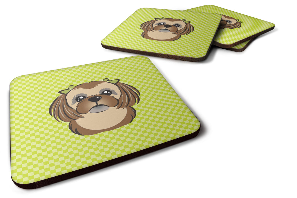 Checkerboard Lime Green Chocolate Brown Shih Tzu Foam Coasters Set of 4 Cup Coasters for Indoor Outdoor, Tabletop Protection, Anti Slip, Mouse pad Material