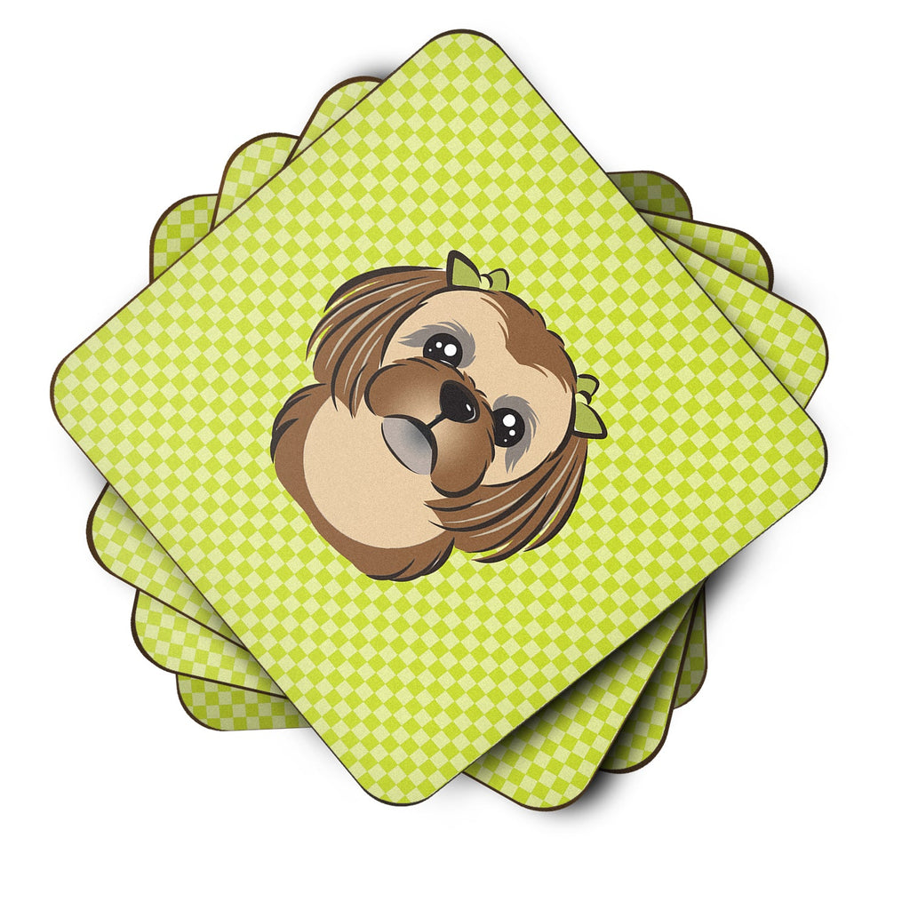 Checkerboard Lime Green Chocolate Brown Shih Tzu Foam Coasters Set of 4 Cup Coasters for Indoor Outdoor, Tabletop Protection, Anti Slip, Mouse pad Material