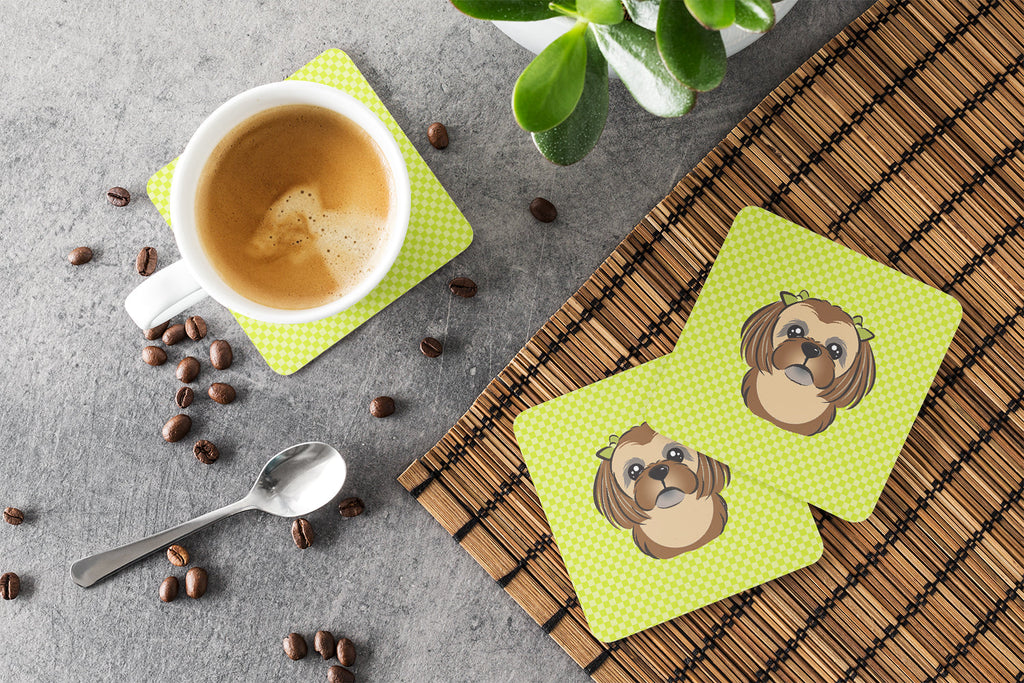 Checkerboard Lime Green Chocolate Brown Shih Tzu Foam Coasters Set of 4 Cup Coasters for Indoor Outdoor, Tabletop Protection, Anti Slip, Mouse pad Material