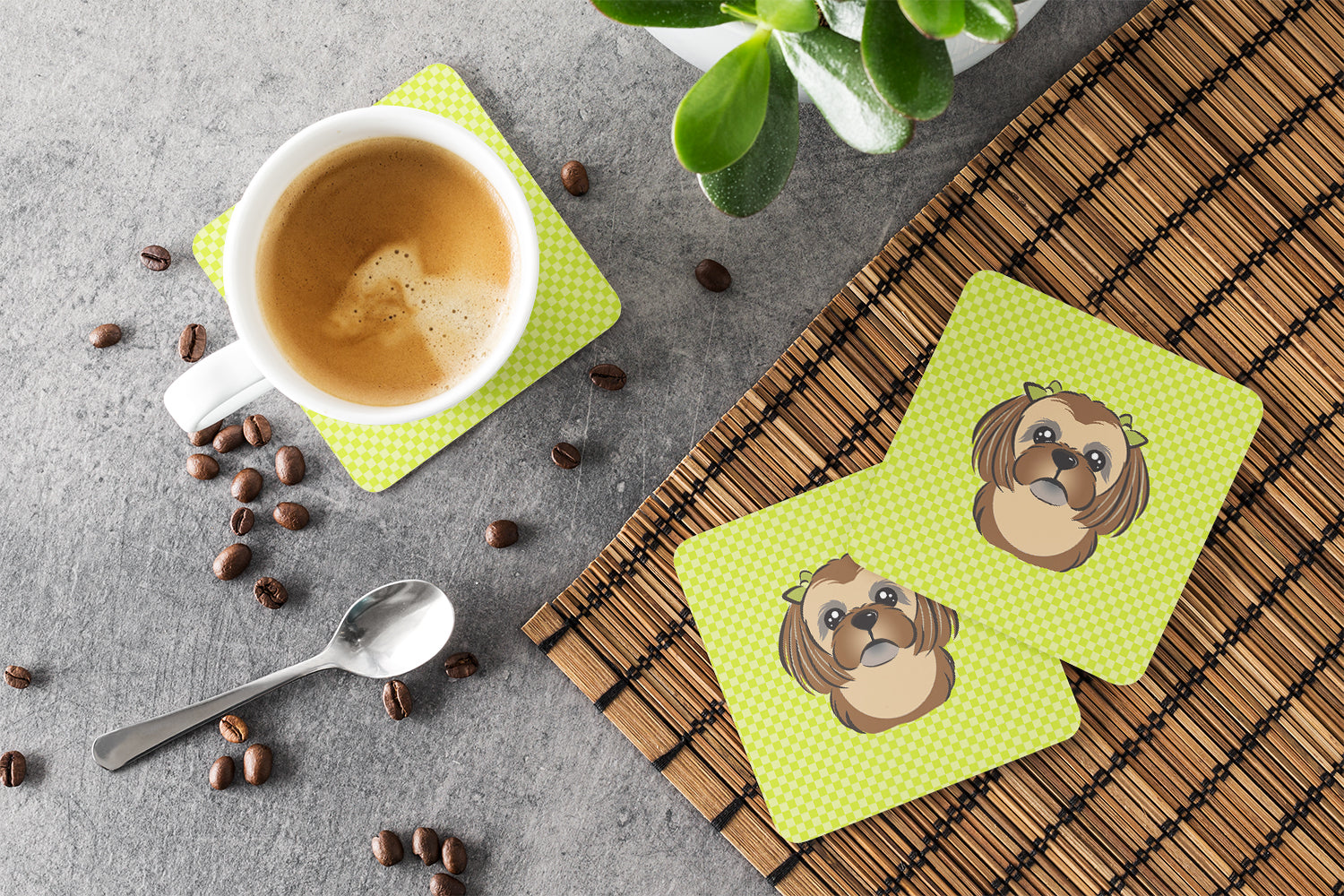 Checkerboard Lime Green Chocolate Brown Shih Tzu Foam Coasters Set of 4 Cup Coasters for Indoor Outdoor, Tabletop Protection, Anti Slip, Mouse pad Material