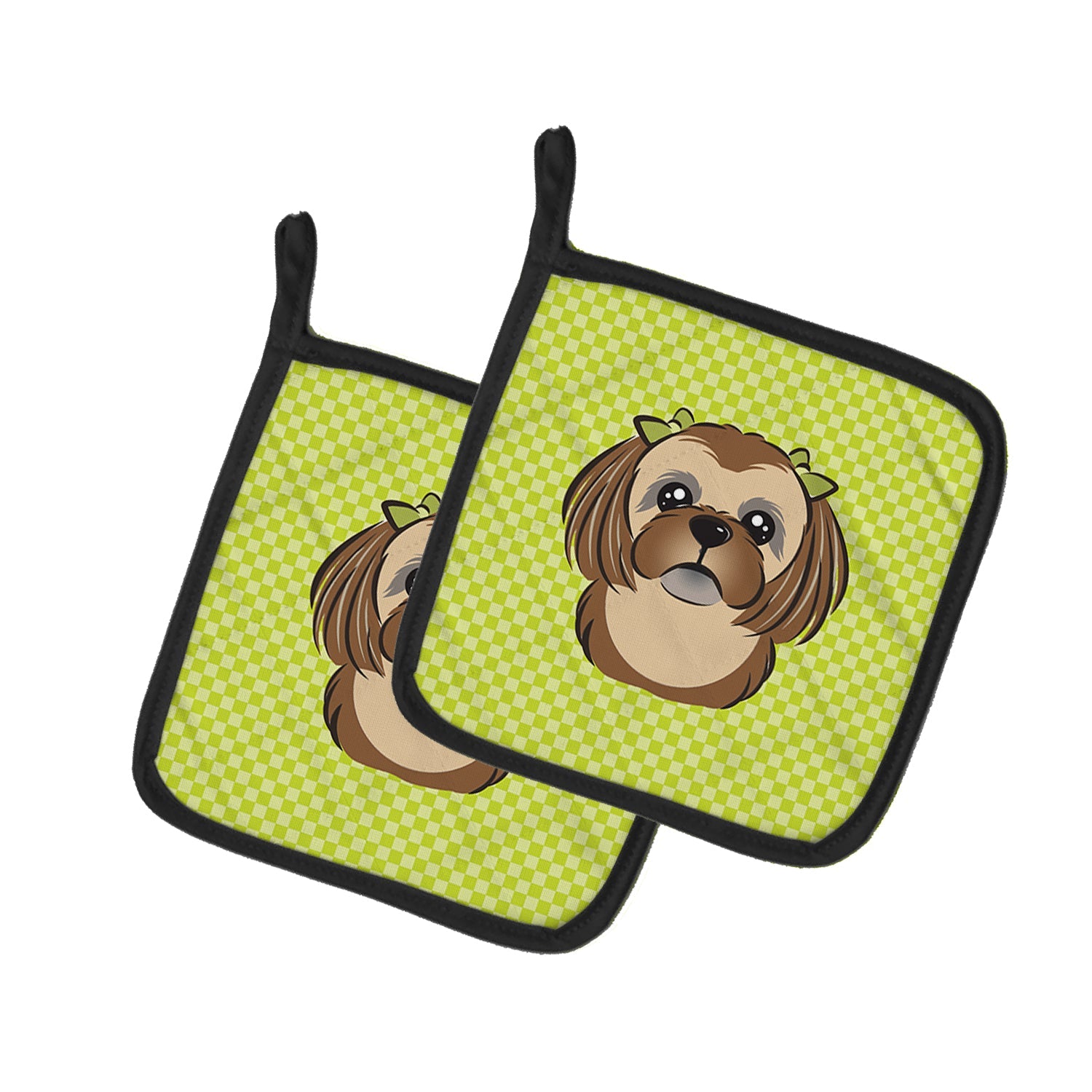 Checkerboard Lime Green Chocolate Brown Shih Tzu Pot Holder Set of 2 Heat Resistant Quilted Hot Pads 7.5 x 7.5 Inch, Insulated Kitchen Trivets for Cooking & Baking