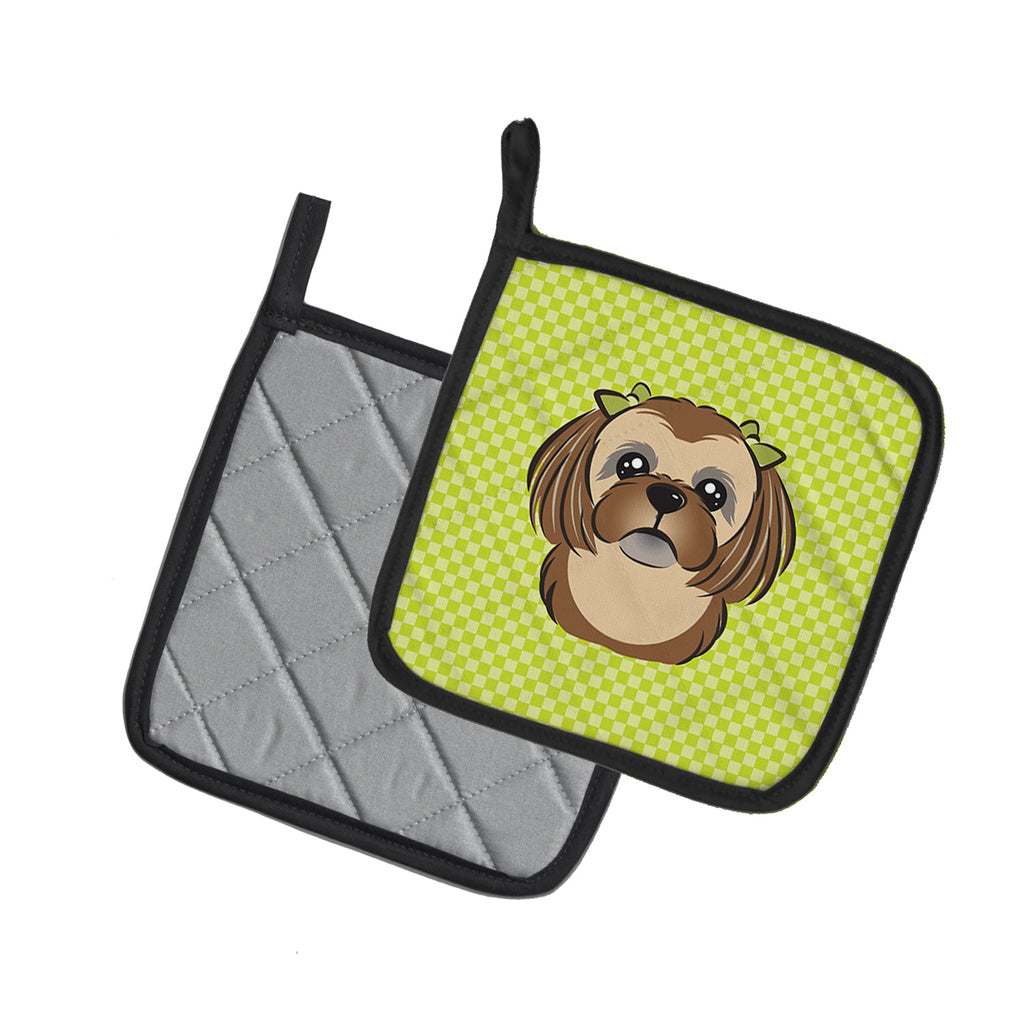 Checkerboard Lime Green Chocolate Brown Shih Tzu Pot Holder Set of 2 Heat Resistant Quilted Hot Pads 7.5 x 7.5 Inch, Insulated Kitchen Trivets for Cooking & Baking