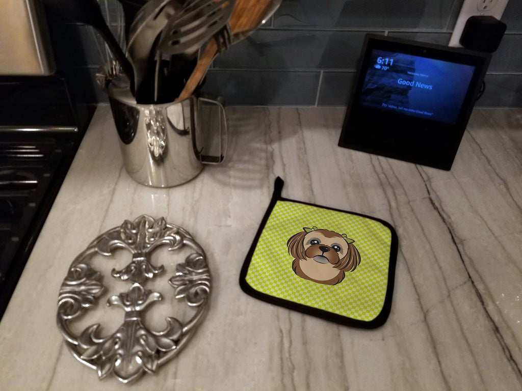 Checkerboard Lime Green Chocolate Brown Shih Tzu Pot Holder Set of 2 Heat Resistant Quilted Hot Pads 7.5 x 7.5 Inch, Insulated Kitchen Trivets for Cooking & Baking