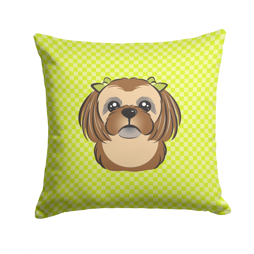 Checkerboard Lime Green Chocolate Brown Shih Tzu Decorative Throw Pillow 14x14 Indoor Outdoor Accent Cushion, Fabric Cover with Insert for Sofa, Bed, Porch & Living Room