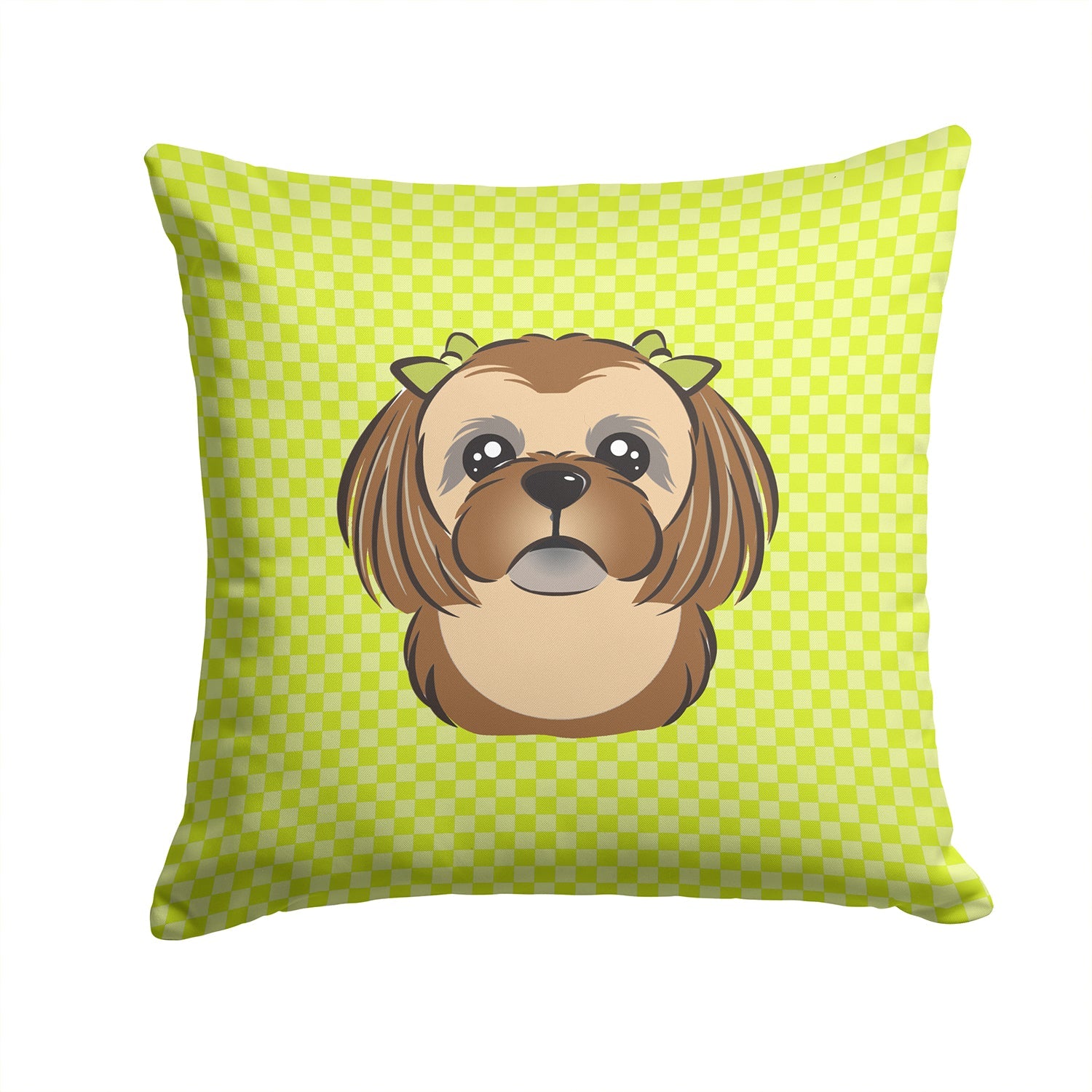 Checkerboard Lime Green Chocolate Brown Shih Tzu Decorative Throw Pillow 14x14 Indoor Outdoor Accent Cushion, Fabric Cover with Insert for Sofa, Bed, Porch & Living Room
