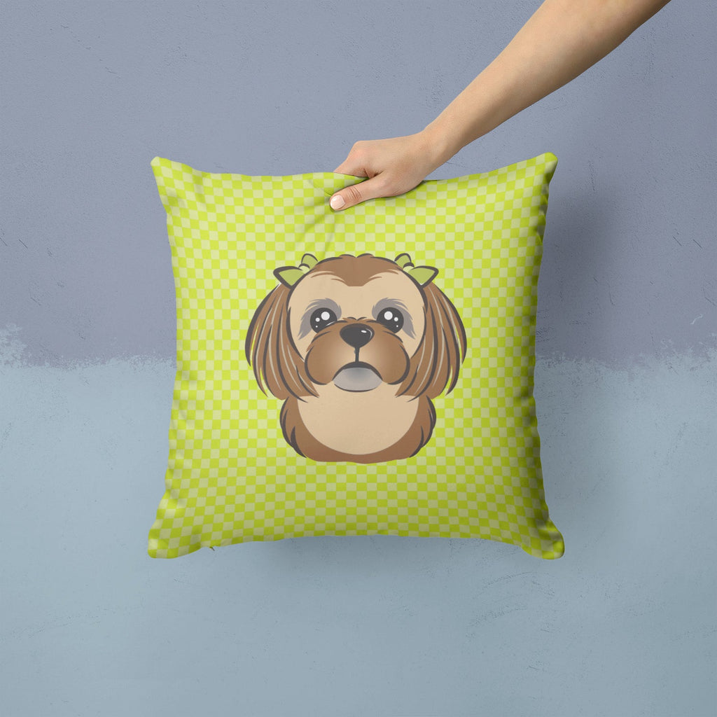 Checkerboard Lime Green Chocolate Brown Shih Tzu Decorative Throw Pillow 14x14 Indoor Outdoor Accent Cushion, Fabric Cover with Insert for Sofa, Bed, Porch & Living Room