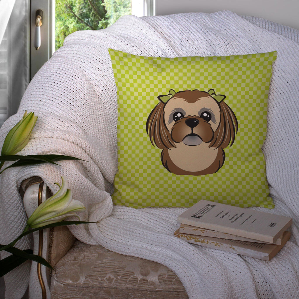 Checkerboard Lime Green Chocolate Brown Shih Tzu Decorative Throw Pillow 14x14 Indoor Outdoor Accent Cushion, Fabric Cover with Insert for Sofa, Bed, Porch & Living Room