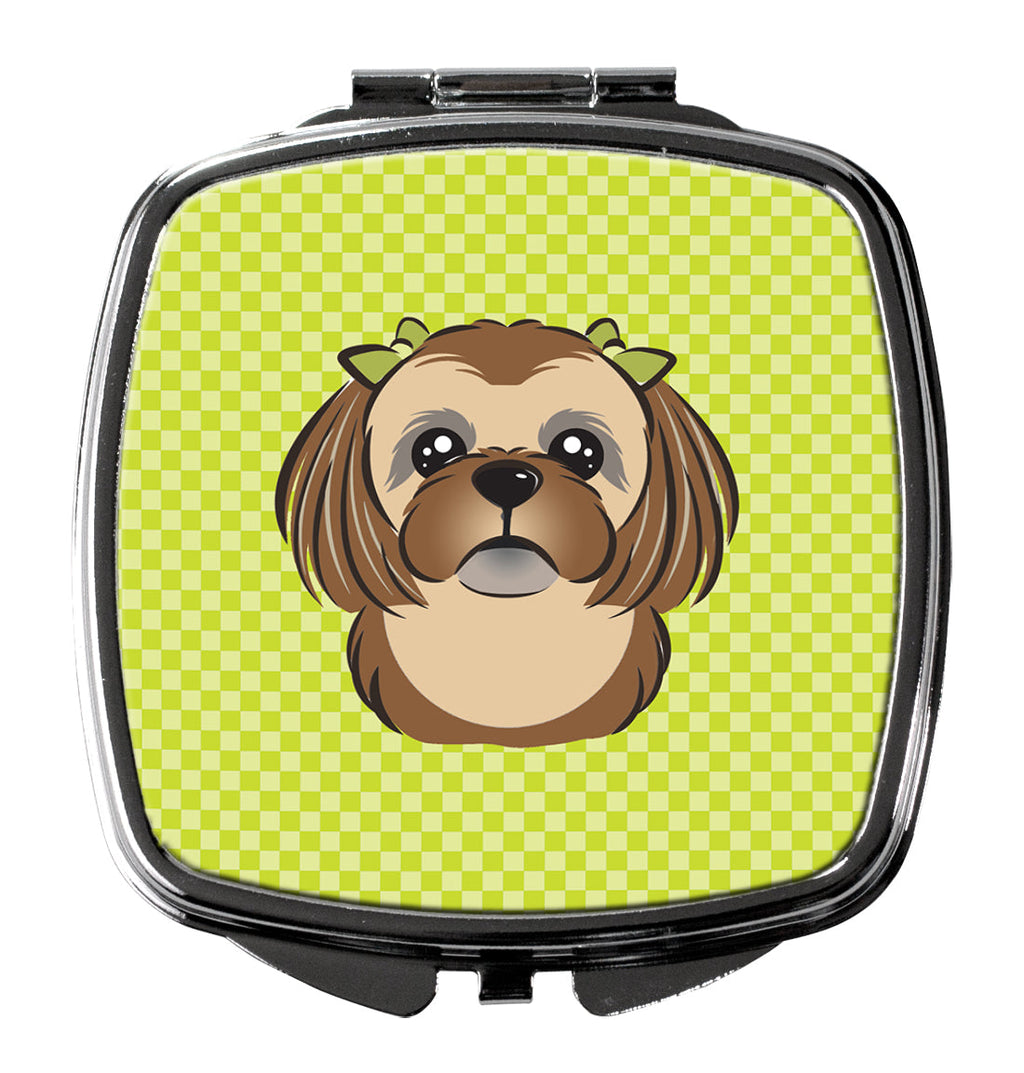 Checkerboard Lime Green Chocolate Brown Shih Tzu Compact Mirror Decorative Travel Makeup Mirror for Women Girls Gifts Pocket Makeup Mirror Folding Handheld
