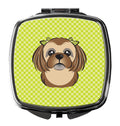Checkerboard Lime Green Chocolate Brown Shih Tzu Compact Mirror Decorative Travel Makeup Mirror for Women Girls Gifts Pocket Makeup Mirror Folding Handheld