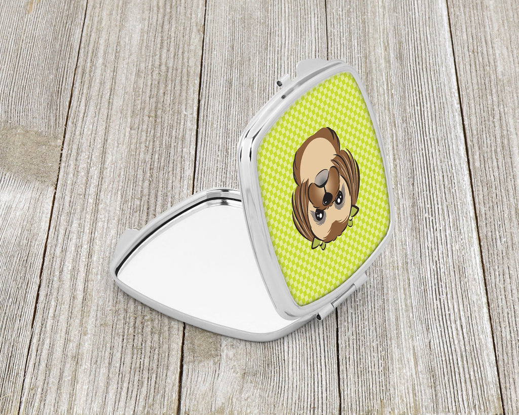 Checkerboard Lime Green Chocolate Brown Shih Tzu Compact Mirror Decorative Travel Makeup Mirror for Women Girls Gifts Pocket Makeup Mirror Folding Handheld