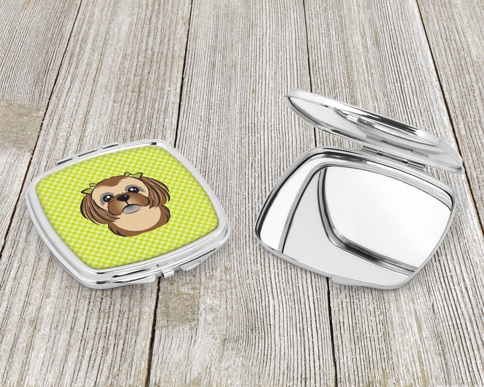 Checkerboard Lime Green Chocolate Brown Shih Tzu Compact Mirror Decorative Travel Makeup Mirror for Women Girls Gifts Pocket Makeup Mirror Folding Handheld