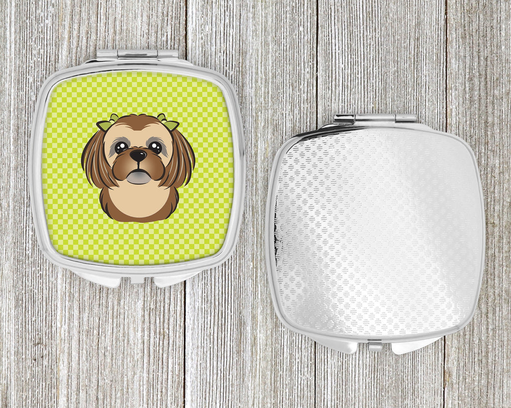 Checkerboard Lime Green Chocolate Brown Shih Tzu Compact Mirror Decorative Travel Makeup Mirror for Women Girls Gifts Pocket Makeup Mirror Folding Handheld