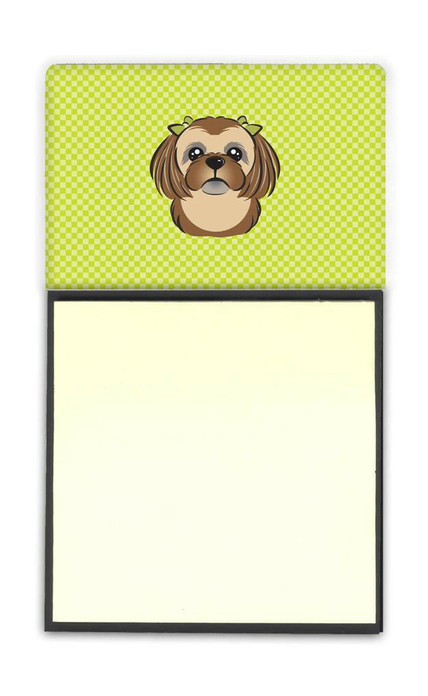 Checkerboard Lime Green Chocolate Brown Shih Tzu Watercolor Sticky Note Holder Refillable Dispenser Desk Accessory 3x3 Pad Gift