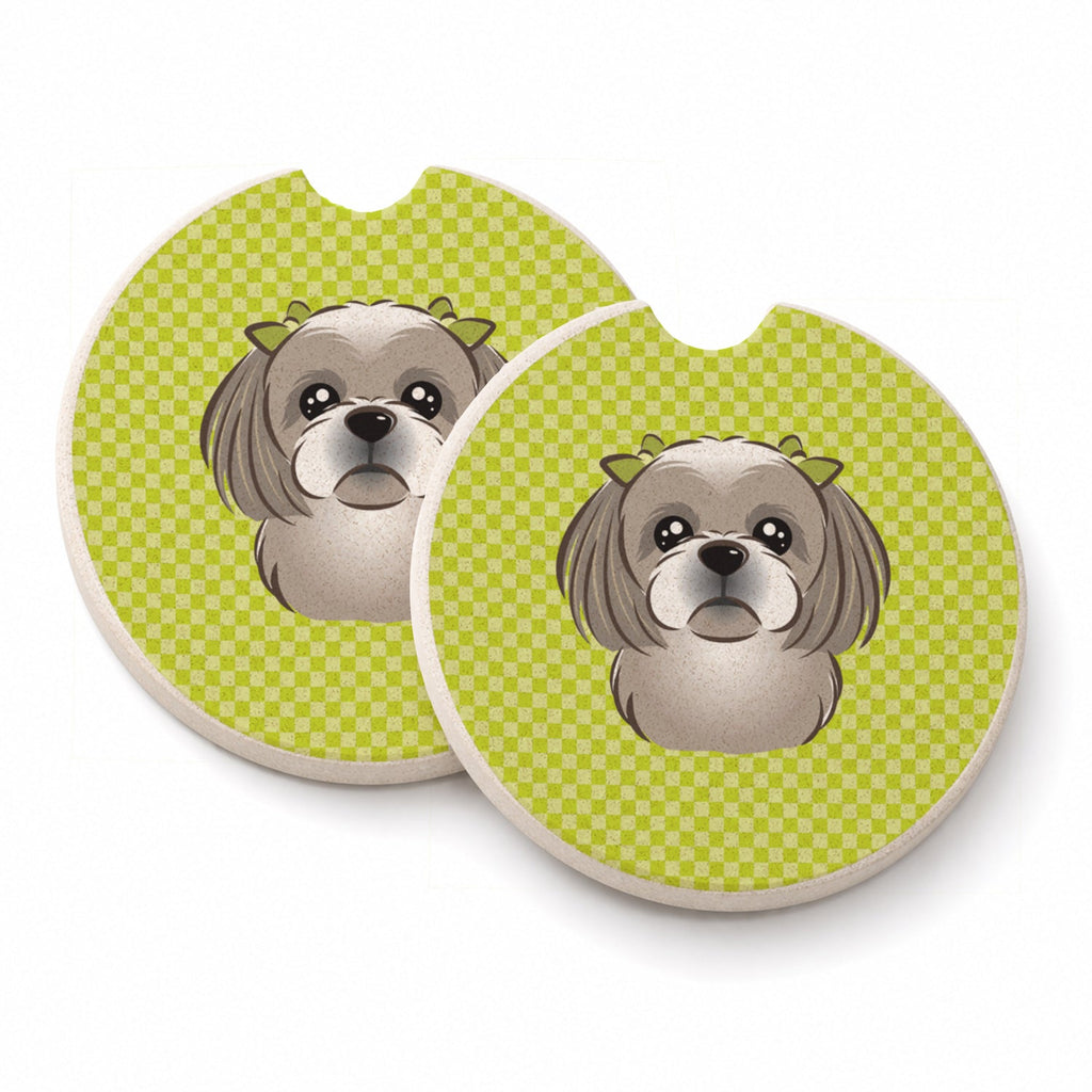 Checkerboard Lime Green Gray Silver Shih Tzu Set of 2 Cup Holder Car Coasters Absorbent Round Sandstone Coasters Gifts for Men or Women, 2.5, Multicolor