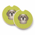 Checkerboard Lime Green Gray Silver Shih Tzu Set of 2 Cup Holder Car Coasters Absorbent Round Sandstone Coasters Gifts for Men or Women, 2.5, Multicolor