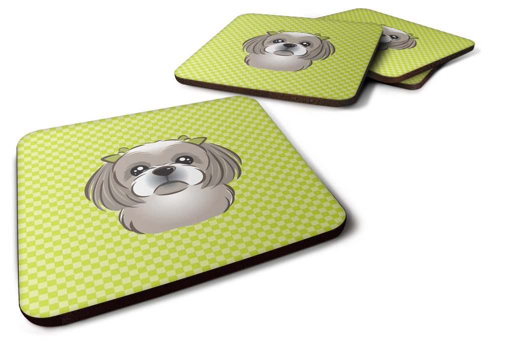 Checkerboard Lime Green Gray Silver Shih Tzu Foam Coasters Set of 4 Cup Coasters for Indoor Outdoor, Tabletop Protection, Anti Slip, Mouse pad Material