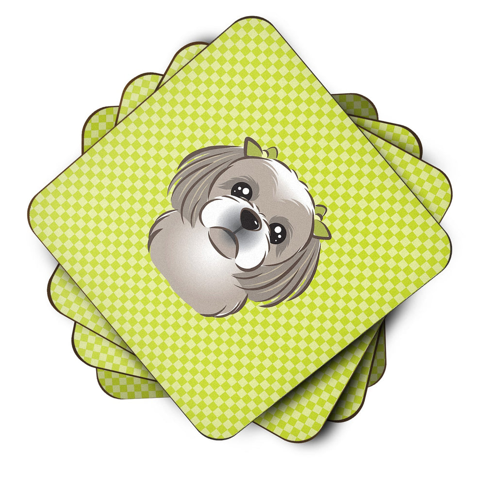 Checkerboard Lime Green Gray Silver Shih Tzu Foam Coasters Set of 4 Cup Coasters for Indoor Outdoor, Tabletop Protection, Anti Slip, Mouse pad Material