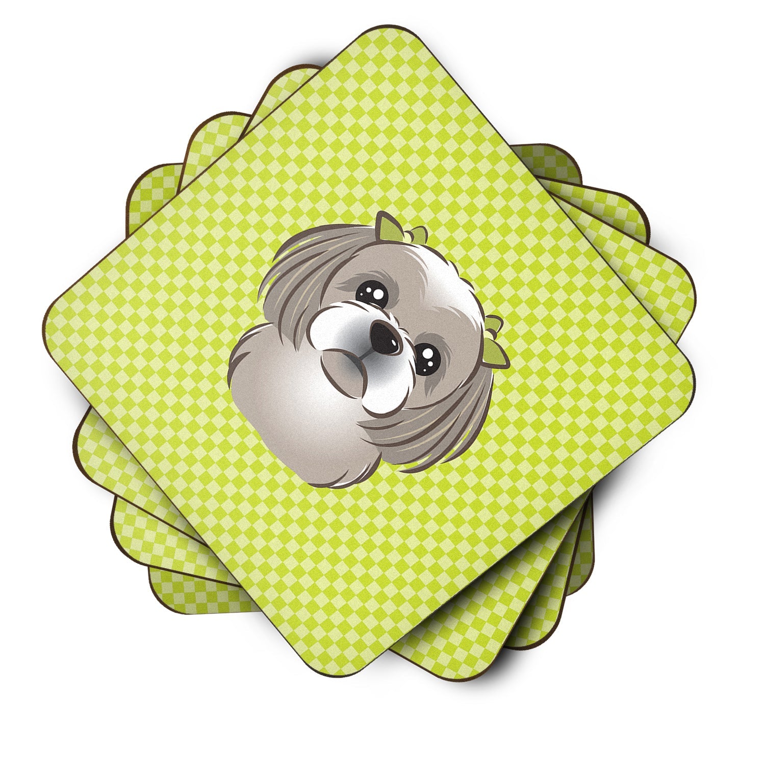 Checkerboard Lime Green Gray Silver Shih Tzu Foam Coasters Set of 4 Cup Coasters for Indoor Outdoor, Tabletop Protection, Anti Slip, Mouse pad Material