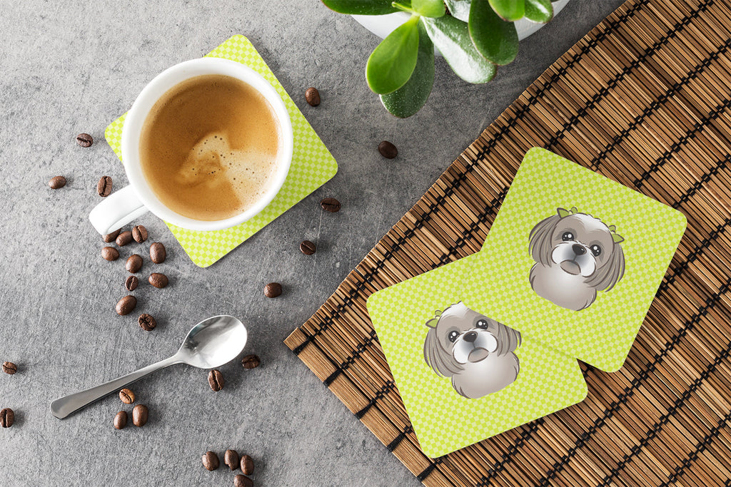 Checkerboard Lime Green Gray Silver Shih Tzu Foam Coasters Set of 4 Cup Coasters for Indoor Outdoor, Tabletop Protection, Anti Slip, Mouse pad Material