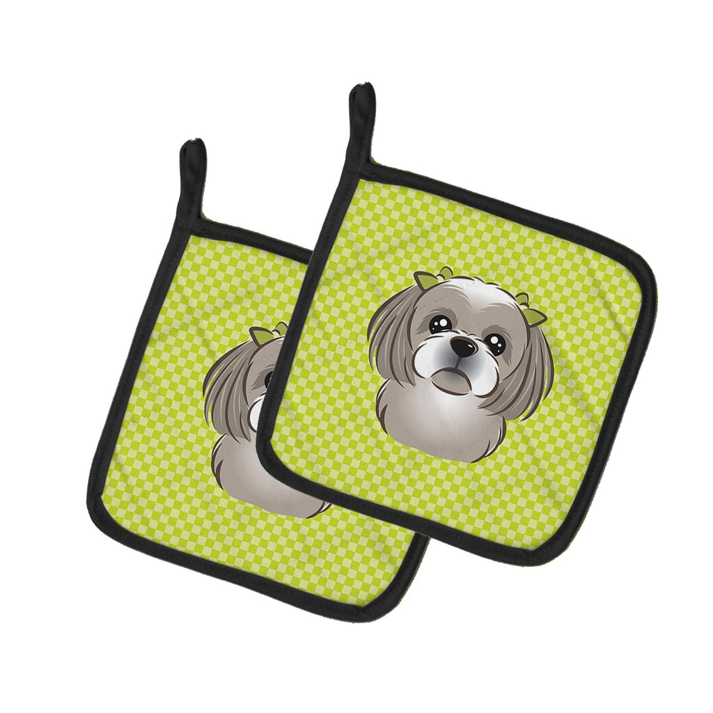 Checkerboard Lime Green Gray Silver Shih Tzu Pot Holder Set of 2 Heat Resistant Quilted Hot Pads 7.5 x 7.5 Inch, Insulated Kitchen Trivets for Cooking & Baking