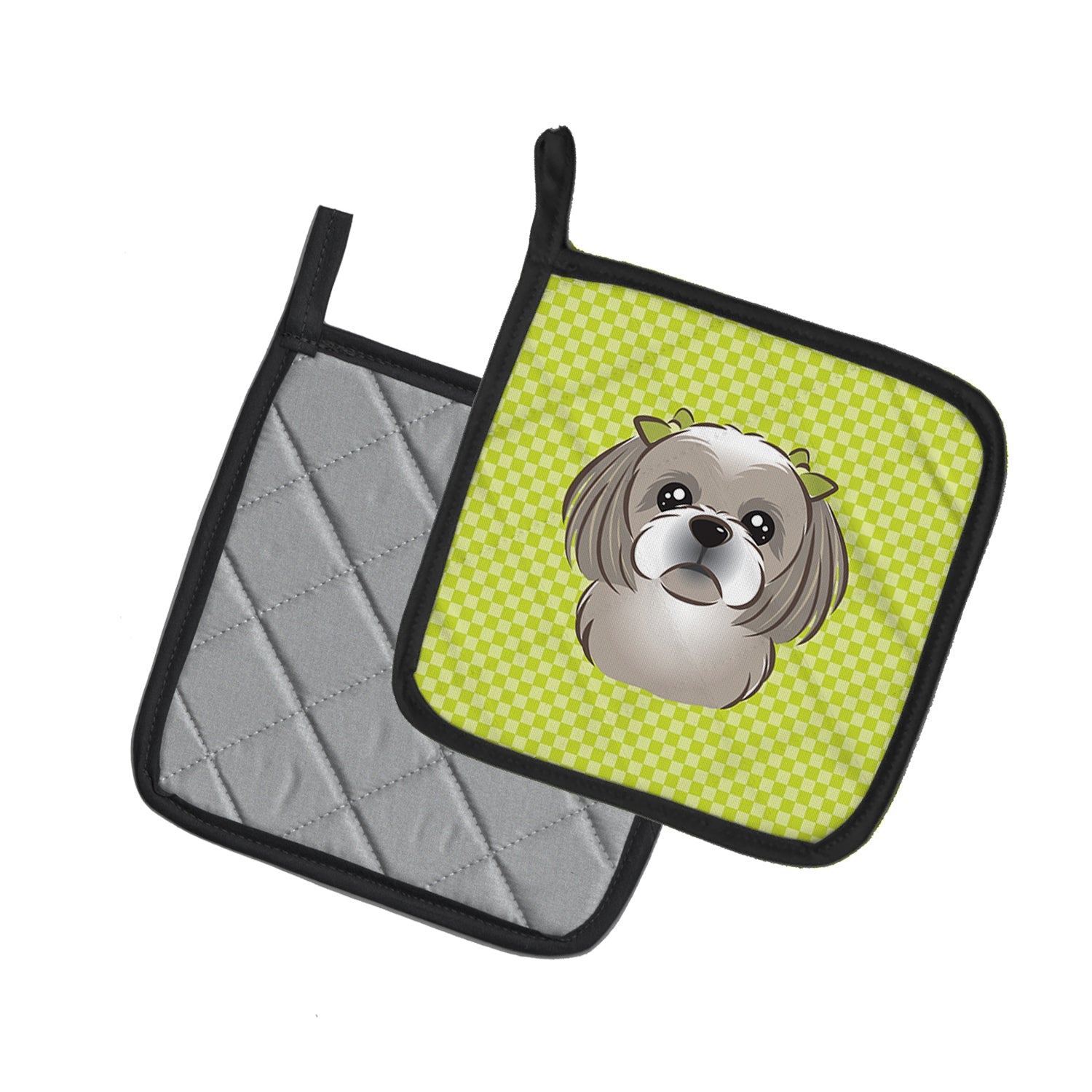 Checkerboard Lime Green Gray Silver Shih Tzu Pot Holder Set of 2 Heat Resistant Quilted Hot Pads 7.5 x 7.5 Inch, Insulated Kitchen Trivets for Cooking & Baking