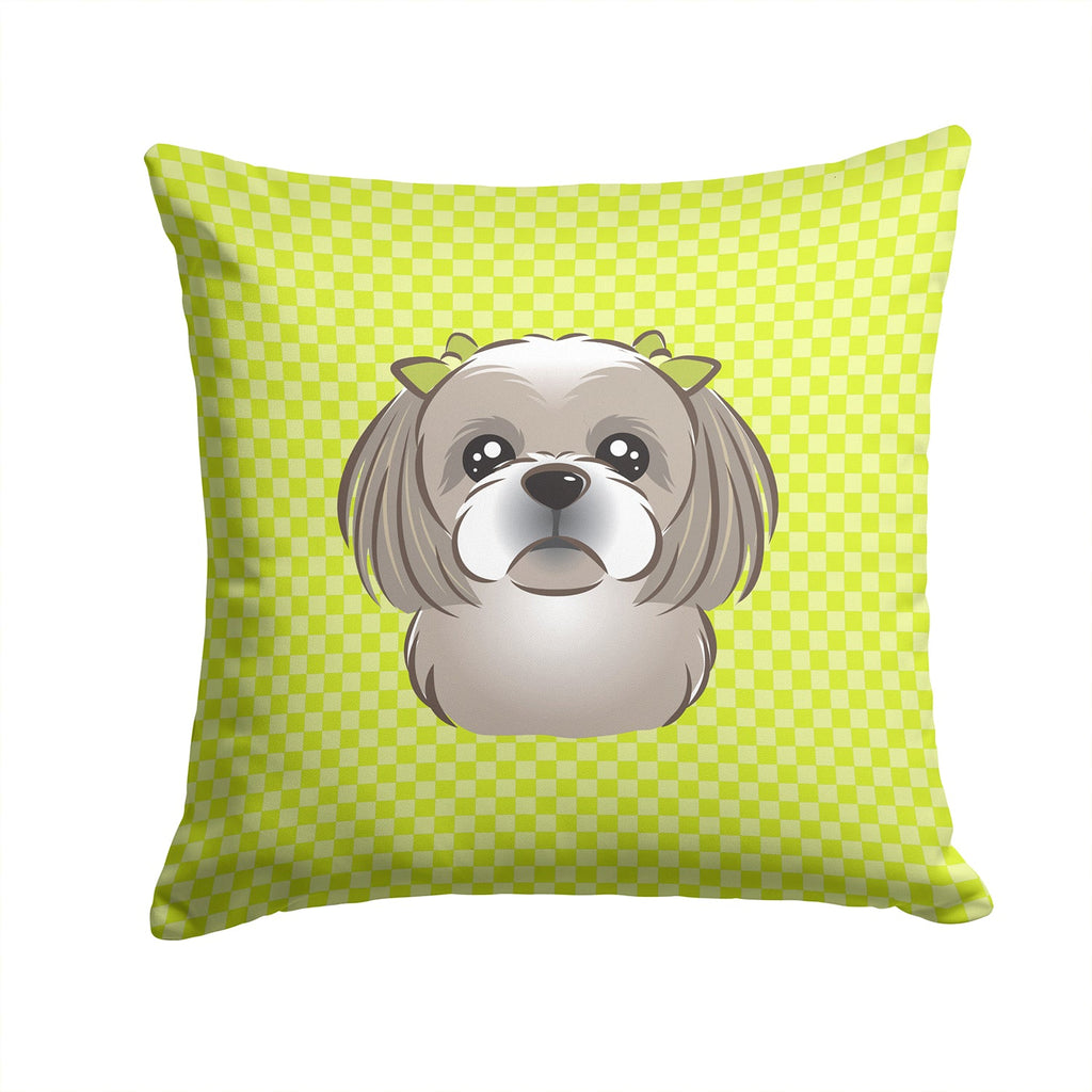 Checkerboard Lime Green Gray Silver Shih Tzu Decorative Throw Pillow 14x14 Indoor Outdoor Accent Cushion, Fabric Cover with Insert for Sofa, Bed, Porch & Living Room
