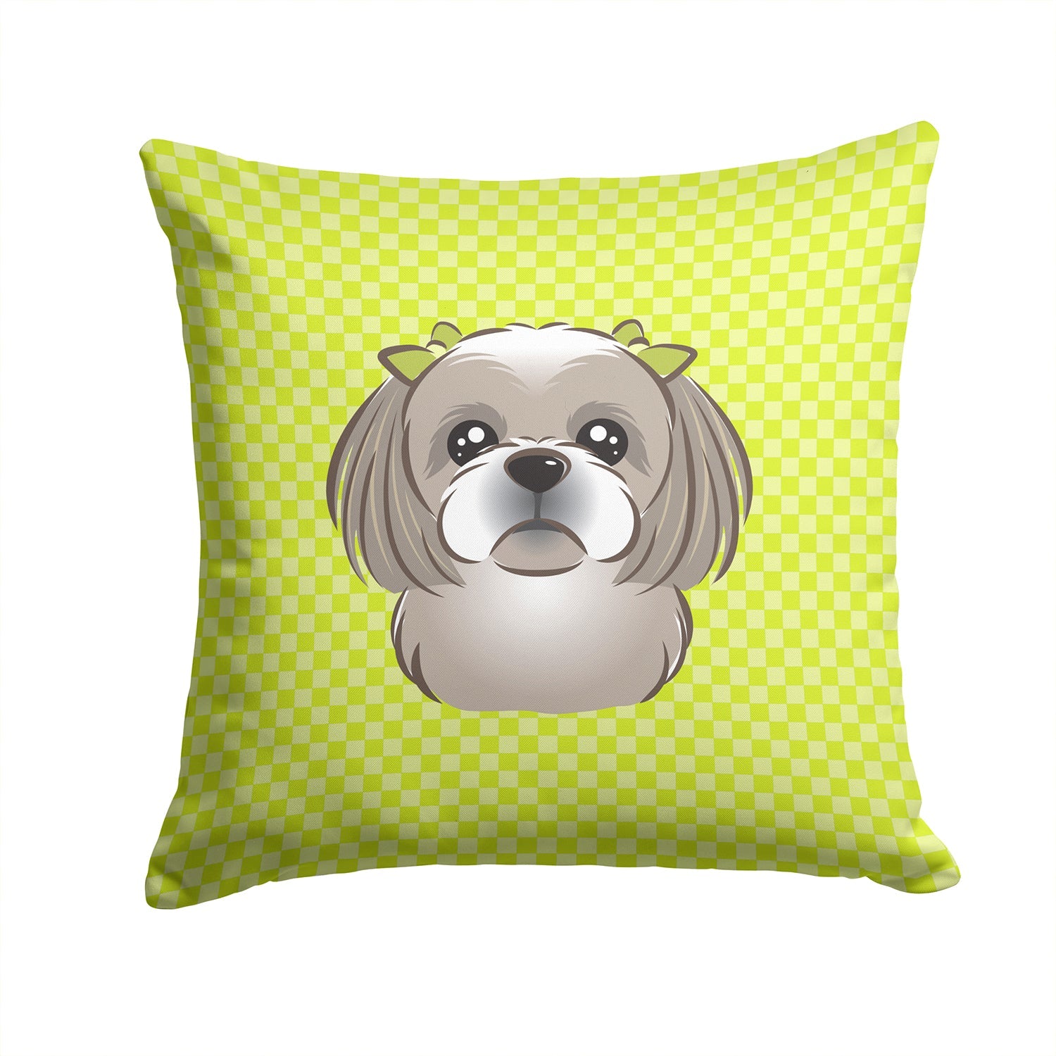 Checkerboard Lime Green Gray Silver Shih Tzu Decorative Throw Pillow 14x14 Indoor Outdoor Accent Cushion, Fabric Cover with Insert for Sofa, Bed, Porch & Living Room