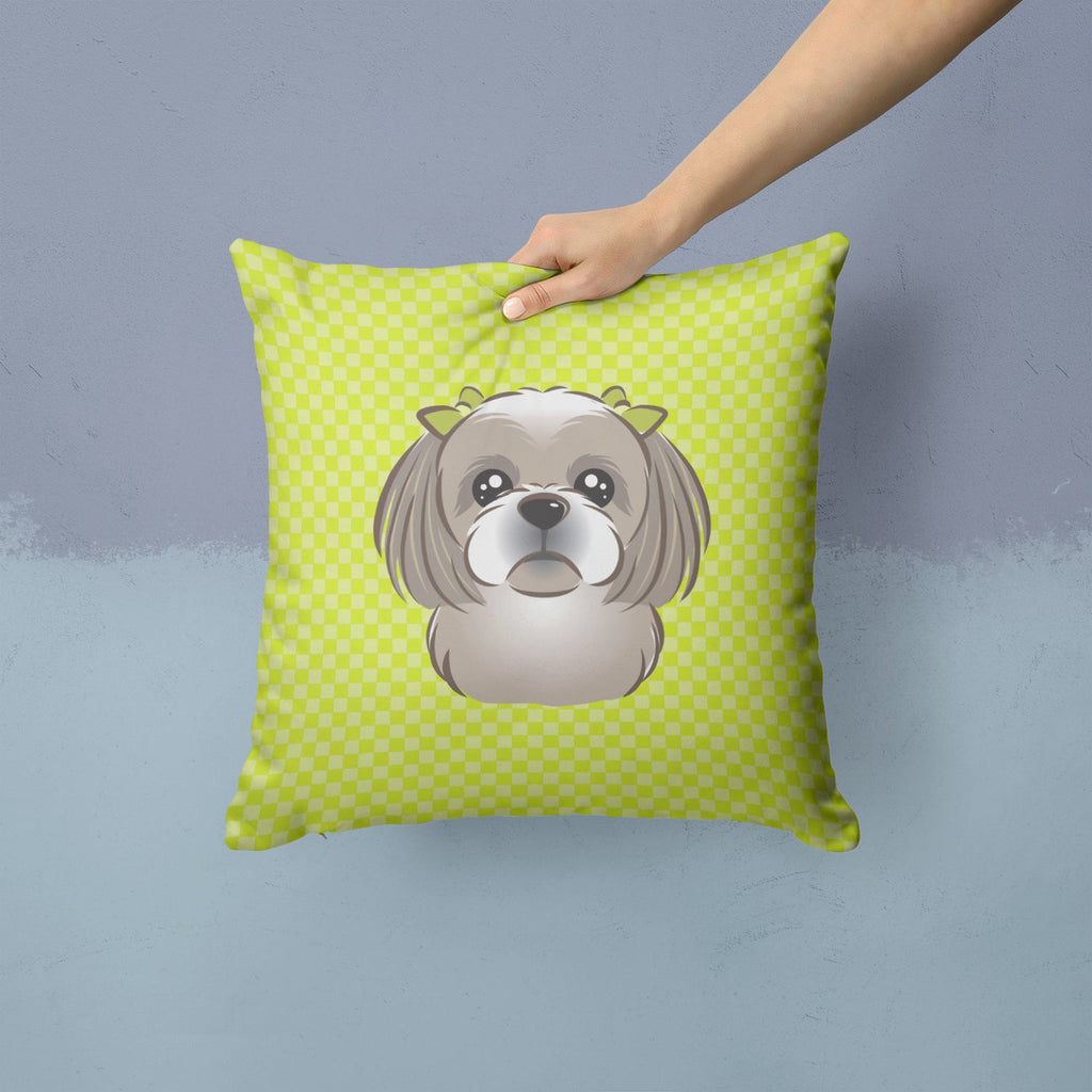 Checkerboard Lime Green Gray Silver Shih Tzu Decorative Throw Pillow 14x14 Indoor Outdoor Accent Cushion, Fabric Cover with Insert for Sofa, Bed, Porch & Living Room