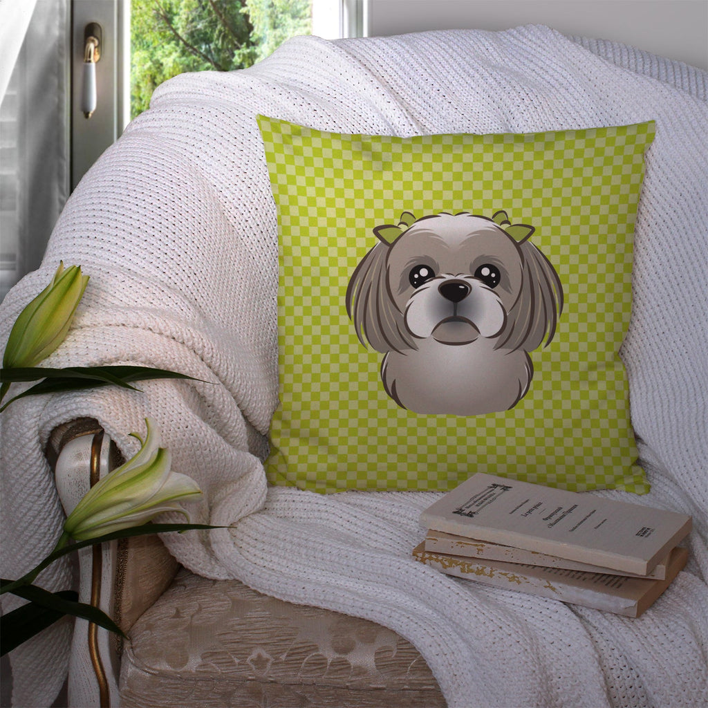 Checkerboard Lime Green Gray Silver Shih Tzu Decorative Throw Pillow 14x14 Indoor Outdoor Accent Cushion, Fabric Cover with Insert for Sofa, Bed, Porch & Living Room