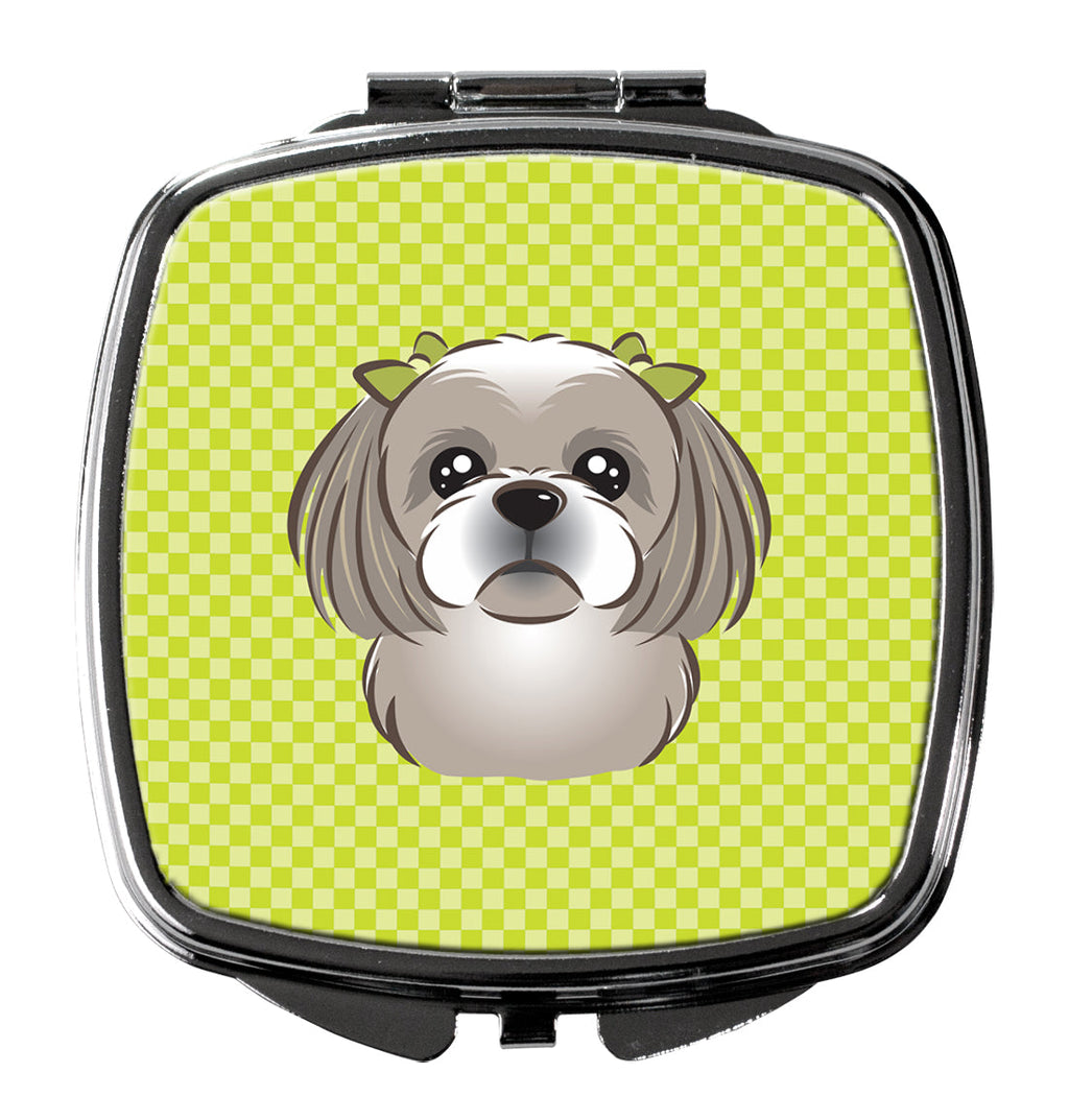 Checkerboard Lime Green Gray Silver Shih Tzu Compact Mirror Decorative Travel Makeup Mirror for Women Girls Gifts Pocket Makeup Mirror Folding Handheld