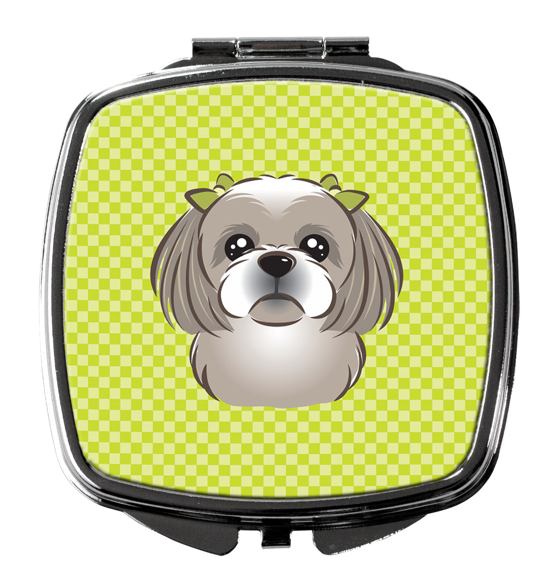 Checkerboard Lime Green Gray Silver Shih Tzu Compact Mirror Decorative Travel Makeup Mirror for Women Girls Gifts Pocket Makeup Mirror Folding Handheld