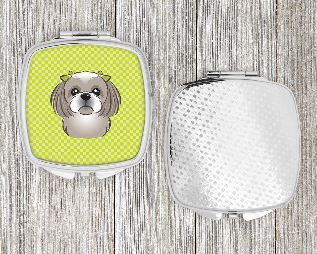 Checkerboard Lime Green Gray Silver Shih Tzu Compact Mirror Decorative Travel Makeup Mirror for Women Girls Gifts Pocket Makeup Mirror Folding Handheld
