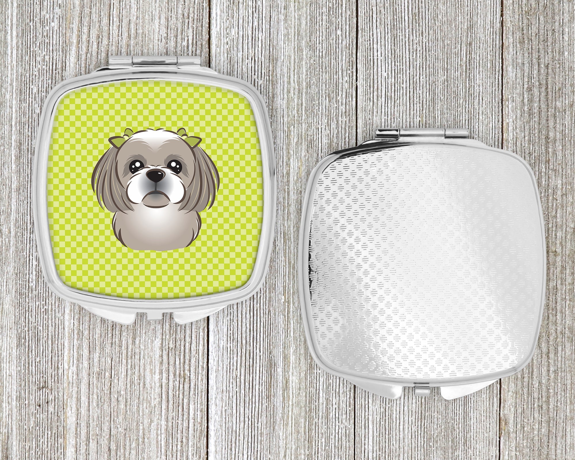 Checkerboard Lime Green Gray Silver Shih Tzu Compact Mirror Decorative Travel Makeup Mirror for Women Girls Gifts Pocket Makeup Mirror Folding Handheld